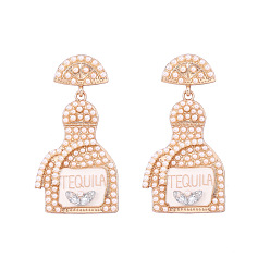 Белый Серьги-гвоздики с подвесками из цинкового сплава со стразами, Флакон духов, с эмалью и искусственным жемчугом, золотые, белые, 51x26 мм