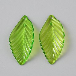 Желто-Зеленый Прозрачные акриловые подвески, лист, желто-зеленый, 36x18x5 мм, отверстие : 1.8 мм
