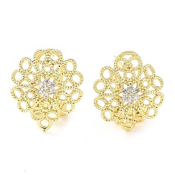 Plaqué 18K Or Véritable Boucles d'oreilles en laiton, fleur, micro pavé, zircone cubique, recherche, avec boucles horizontales, sans cadmium et sans plomb, réel 18 k plaqué or, 16x15mm, Trou: 1.2mm, pin: 0.8 mm