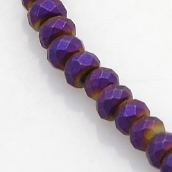 Purple Plated Electroplate Non-magnetic Synthetic Hematite Beads Strands, Faceted Rondelle, Frosted, Purple Plated, 3x2mm, Hole: 1mm, about 214pcs/strand, 15.7 inch