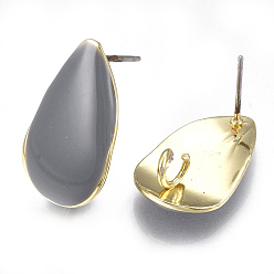 Slate Gray Alloy Stud Earring Findings, with Loop, Enamel and Steel Pins, Teardrop, Light Gold, Slate Gray, 22x13mm, Hole: 3mm, Pin: 0.7mm