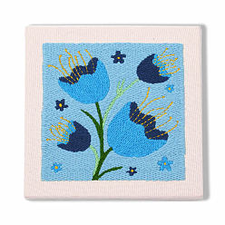 Blue Flower Pattern Punch Embroidery Beginner Kits, including Embroidery Cloth & Thread, Punch Needle Pen, Photo Frame, Instruction Sheet, Blue, 250x250mm