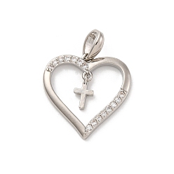 Прозрачный Латунные микро проложить кубического циркония подвески, долговечный, без свинца и без кадмия, платина, сердце с крестом, прозрачные, 20x19.5x2 мм, отверстие : 3x5 мм