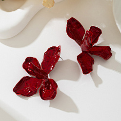 Темно-Красный Серьги-гвоздики из сплава с цветочной росписью, темно-красный, 72x45 мм