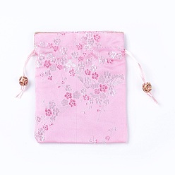 Pink Silk Packing Pouches, Drawstring Bags, with Wood Beads, Pink, 14.7~15x10.9~11.9cm