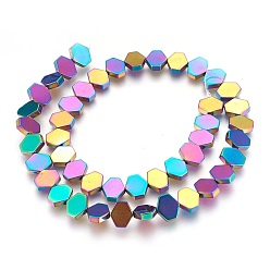 Rainbow Plated Electroplated Non-magnetic Synthetic Hematite Beads Strands, Polish, Hexagon, Multi-color Plated, 10x9x3mm, Hole: 1mm, about 45pcs/strand, 15.74 inch(40cm)