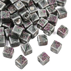 Dark Sea Green Floral Printed Porcelain Beads, Flower Patterned Ceramic Beads, Cube, Dark Sea Green, 10x10x10mm, Hole: 4mm