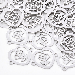Нержавеющая Сталь Цвет Устойчивы к потускнению 201 соединители из нержавеющей стали, лазерная резка, Сердце со цветками , цвет нержавеющей стали, 15.5x19.5x1 мм, отверстие : 1.8 мм