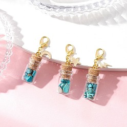 Синтетическая Бирюза Синтетическая бирюзовая крошка внутри стеклянной бутылки желаний подвеска украшение, с подвесками из нержавеющей стали в виде звезд, луны и молний, 39.5 мм, 3 шт / комплект