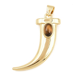 Тигровый глаз Природных тигровый глаз подвески, латунные подвески в форме волчьих зубов, реальный 18 k позолоченный, долговечный, стойки покрытие, без свинца и без кадмия, 29.5x24x8 мм, отверстие : 4x3.5 мм