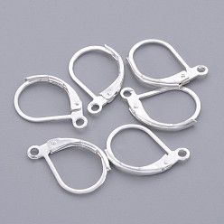 Серебро Латунная фурнитура Leverback для серег, с петлей, без кадмия, без никеля и без свинца, серебряный цвет гальваническим, шириной около 10 мм, 15 мм длиной, отверстие : 1 мм