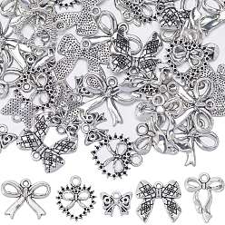 Antique Silver 50Pcs 5 Style Tibetan Style Alloy Pendants, Bowknot Charms, Antique Silver, 10~23x12.5~21x2~4mm, Hole: 1.5~2.5mm, 10pcs/style