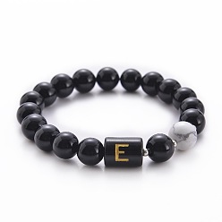 Letter E 10MM Natural Black Onyx(Dyed & Heated) and Howlite Beaded Stretch Bracelets, Alphabet Bracelets, Letter E, 6.60 inch(16.76cm)~8.50 inch(21.58cm)
