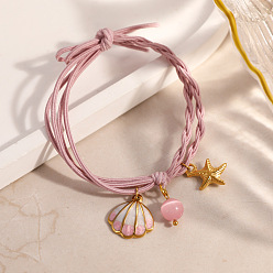 Pink 304 Браслеты из нержавеющей стали с эмалью и подвесками из смолы, регулируемые женские браслеты из плетеного шнура из полиэстера, форма раковины и морская звезда, розовые, внутренний диаметр: 1.97 дюйм (5 см)