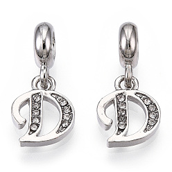 Letter D Европейские подвески с подвесками из платинового сплава со стразами, Подвески с большими отверстиями, буквы, без кадмия и без свинца, letter.d, 23~27 мм, отверстие : 4.5 мм, подвески: 13~16.5x6~14x2 мм, отверстие : 2 мм