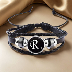 Letter R Регулируемые многослойные браслеты из искусственной кожи, браслеты из латунных стеклянных бусин, плоские круглые с буквы, платина, Буква R, 7-1/8~9-1/8 дюйм (18~23 см)