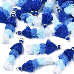 Bleu Foncé Polycoton (polyester coton) pompon en couches grandes décorations pendantes, avec les accessoires en fer, or, bleu foncé, 48~55x12~15mm, Trou: 2.5x4.5mm