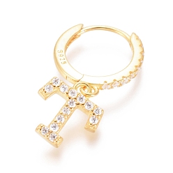 Letter T 925 Sterling Silver Hoop Earrings, Dangle Earrings, with Cubic Zirconia, with S925 Stamp, Letter, Clear, Golden, Letter.T, 19mm, Pendants: about 8.5X8X1.5mm, Pin: 0.6mm