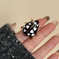 Black Brass Enamel Finger Rings, Ladybug, Golden, Black, 15~20mm