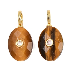Tiger Eye Natural Tiger Eye Pendants, Faceted Oval Charms with Brass Micro Pave Cubic Zirconia(Random Color) Findings, Golden, 27.5x13.5x6.5mm, Hole: 5.5mm