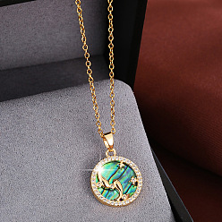 Piscis Collares con colgante de disco de signo zodiacal de concha de abulón natural iridiscente de latón con circonita cúbica transparente para mujer, dorado, Piscis, 15.75 pulgada (40 cm)