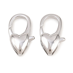 Real Platinum Plated Brass Lobster Claw Clasps, Heart, Real Platinum Plated, 15.5x9x5mm, Hole: 3x2mm