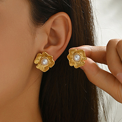 Цветок Серьги шпилька нержавеющая сталь, с имитацией жемчуга, цветок, 19x20 мм