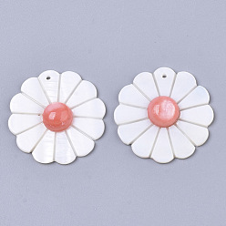 Salmon Natural Freshwater Shell Pendants, Dyed, Flower, Salmon, 30x5~6mm, Hole: 1.2mm