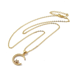 Flower Golden Brass Crescent Moon Pendant Necklace with Rhinestone, Flower, 17.44 inch(44.3cm)