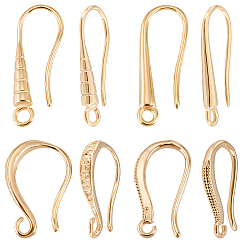 Настоящее золото 24K 40шт 4 стили латунные крючки для сережек, без кадмия и без свинца, реальный 24 k позолоченный, 15~20x8~9x2 мм, отверстие : 1.4~1.8 мм, штифты : 0.8 мм, 10 шт / стиль