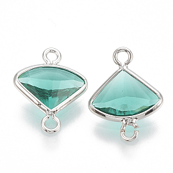 Светлый Морско-зеленый Соединители стеклянные ссылки, с латунной фурнитурой , граненый вентилятора, Реальная платина, светло-зеленый, 12.5x10x3 мм, отверстие : 1 мм