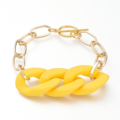 Yellow Chain Bracelets, with Spray Painted Acrylic Quick Link Connectors, Aluminium Paperclip Chains and Alloy Toggle Clasps, Yellow, 7-7/8 inch(20cm)