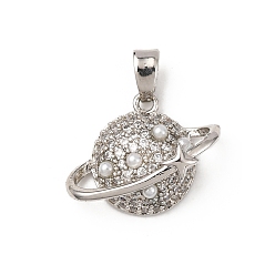 Платина Латунные микро проложить кубического циркония подвески, с пластиковыми бусинами, имитирующими жемчуг, планета, стойки покрытие, долговечный, без свинца и без кадмия, платина, 14x18x6 мм, отверстие : 5x3 мм