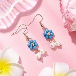 Темно-Голубой Серьги-подвески из ракушечных жемчужин и стеклянных семян, 304 женские украшения из нержавеющей стали, цветок, золотые, глубокое синее небо, 46x12.5 мм