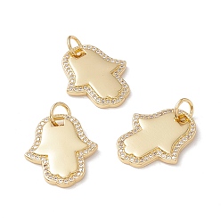 Настоящее золото 18K Латунные микропаве прозрачные подвески с фианитом, с целью перехода в кольце, без кадмия и без свинца, Хамса рука / рука Мириам, реальный 18 k позолоченный, 20x16.5x2 мм, отверстие : 4.2 мм