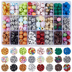 Color mezclado 432 piezas 24 colores chapado en cuentas de acrílico, cuentas deportivas, abalorios de grande agujero, formas mixtas, color mezclado, 9.5~12 mm, agujero: 1.8~4 mm, 18 piezas / estilo