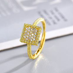 Золотой Регулируемые кольца для пальцев с микропаве из кубического циркония из латуни, квадратный, золотые, внутренний диаметр: 15~20 мм