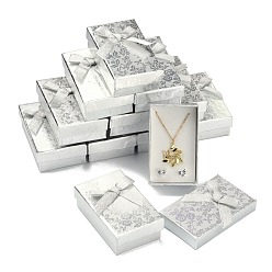 Silver Rectangle Cardboard Jewelry Set Boxes, 2 Slots, with Bowknot Outside and Sponge Inside, for Rings and Earrings, Silver, 83x53x27mm