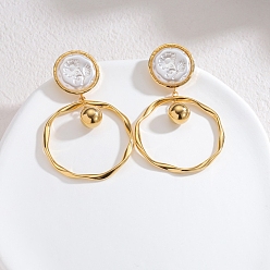 Плоский Круглый 304 из нержавеющей стали болтаться серьги, с ABS имитации жемчуга, реальный 18 k позолоченный, плоско-круглые, 64x40.5 мм