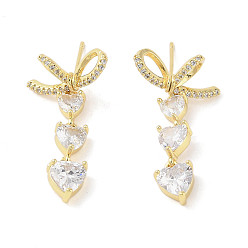 Real 18K Gold Plated Triple Heart Brass Micro Pave Clear Cubic Zirconia Dangle Earrings with Glass for Women, Real 18K Gold Plated, 38x15mm