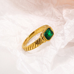 Зеленый 304 женские перстни из нержавеющей стали с кубическим цирконием, прямоугольные, реальный 18 k позолоченный, граненые, зелёные, размер США 8 (18.1 мм)