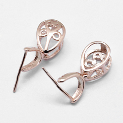 Розовое Золото 925 шкентель стерлингового серебра поручительств, ледоруб и щепотку поручительств, слеза, розовое золото , 9x6.5x5 мм, отверстия : 3x4 mm и 1 мм, штифты : 0.5 мм