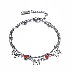 Stainless Steel Color 304 Stainless Steel Multi-strand Bracelets, with Round Lampwork Beads and Lobster Claw Clasps, Butterfly, Stainless Steel Color, 6-3/4 inch(17cm)