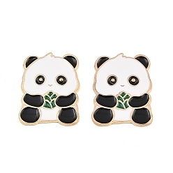 Green Panda with Bamboo Alloy Enamel Cabochons, with Self Adhesive Sticker, Light Gold, Green, 28.5x22x1.5mm