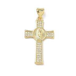 Human Латунные микропаве прозрачные подвески с фианитом, крест прелести, реальный 16 k позолоченный, Дева Мария, 27.5x15.5x2.5 мм, отверстие : 4.5x3.5 мм