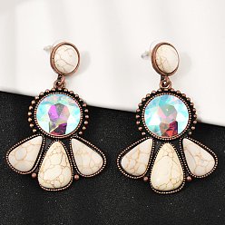 Красная Медь Серьги-гвоздики из сплава синтетической бирюзы, со стеклом, плоский круг со слезой, Красная медь, 64.5x40.5 мм