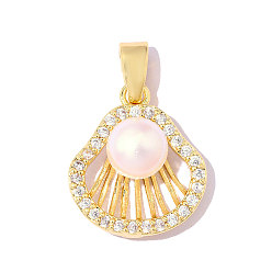 Белый Латунные подвески с фианитами, с ABS имитации жемчуга, подвески в форме ракушек, ионное покрытие (ip), зеркальная полировка, реальный 18 k позолоченный, белые, 19x13 мм, отверстие : 4.8 мм