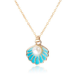 Sky Blue 304 Stainless Steel Necklaces, Shell Shape, with Alloy Enamel & ABS Plastic Imitation Pearl Pendants, Golden, Sky Blue, 15.75 inch(40cm), Pendant: 16.6mm