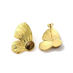 Real 18K Gold Plated 304 Stainlee Steel with Tiger Eye Bead Studs Earring, Ginkgo Leaf, Real 18K Gold Plated, 37.5x24mm