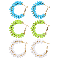 (52) Непрозрачная лаванда 3 пары 3 цветные сплавы стеклянных бусин серьги-кольца, золотые, разноцветные, 37.5x8x35.5 мм, 1 пара / цвет